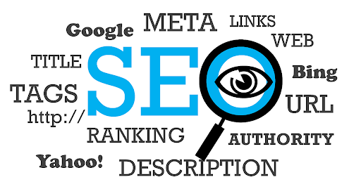 Image featuring a cluster of marketing-related words creatively arranged in a circular pattern. The central word 'SEO' stands out, with the 'O' cleverly designed as a magnifying glass, representing the focus on search engine optimization. Surrounding words such as 'Google Ads,' 'meta tags,' 'ranking,' and others form a network of interconnected concepts in the field of digital marketing. The image captures the diverse elements and strategies involved in online marketing, emphasizing the significance of search engine optimization and effective advertising practices.